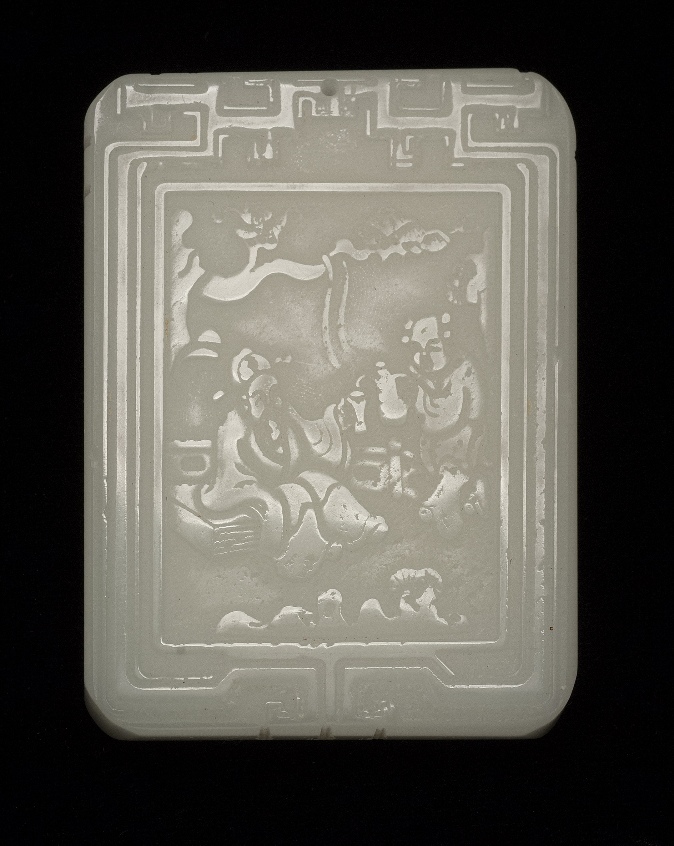 Appraisal: WHITE JADE PENDANT In rectangular form With sage and youthful