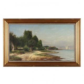 Appraisal: Antique Painting of a Lake Side Grand Hotel oil on