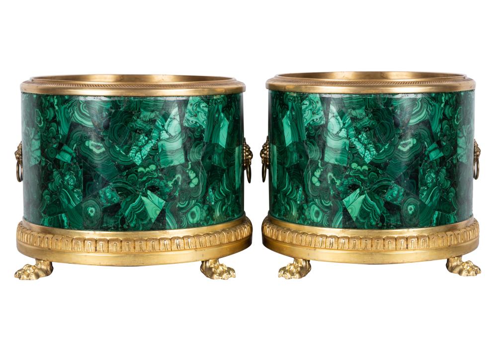 Appraisal: PAIR OF NEOCLASSICAL-STYLE MALACHITE-VENEERED PLANTERSwith gilt metal mounts inches diameter