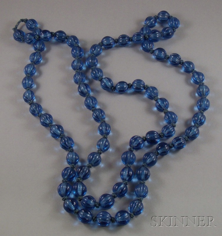 Appraisal: Art Deco Molded Blue Glass Bead and Silk Knot Necklace