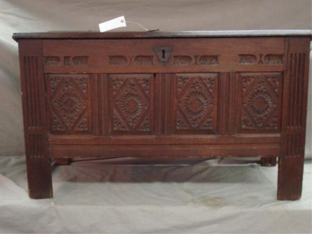 Appraisal: th Cent carved and lidded trunk From a Scarsdale NY