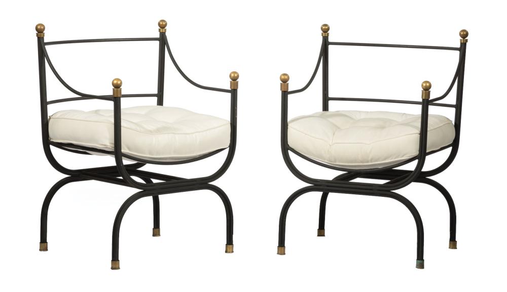 Appraisal: Pair of Continental Iron and Brass Curule Chairs spherule mounted