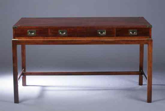 Appraisal: NEOCLASSICAL STYLE BRASS-BOUND FRUITWOOD CAMPAIGN DESK Rectangular top long drawer