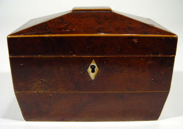 Appraisal: th Century walnut sarcophagus shaped tea caddy with twin divisional