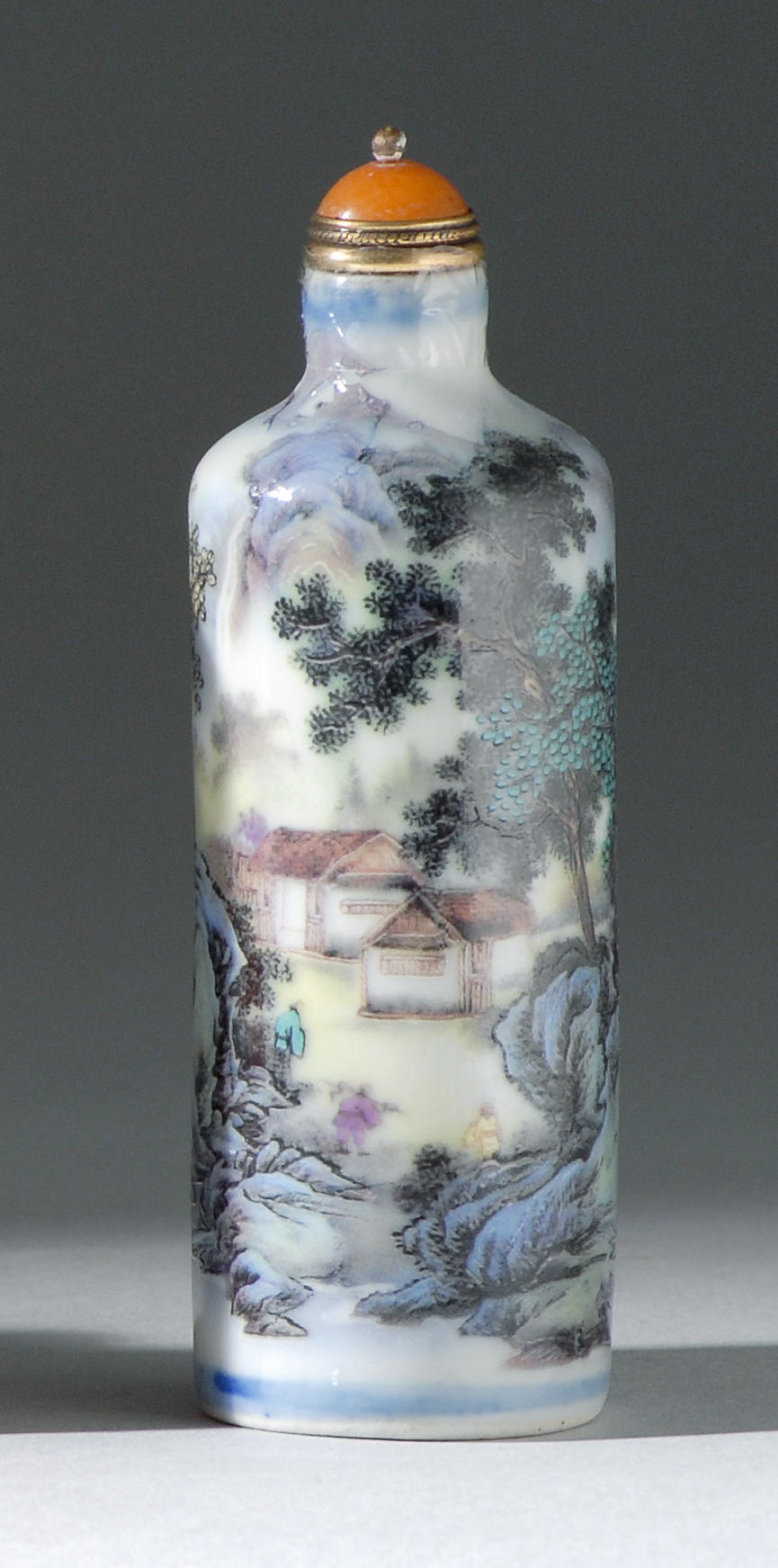 Appraisal: POLYCHROME PORCELAIN SNUFF BOTTLE In cylinder form with colorful landscape