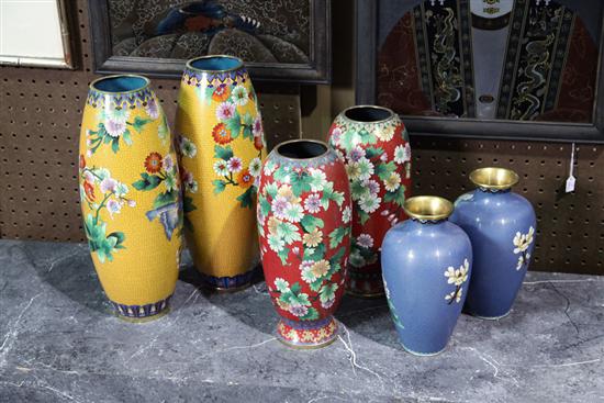 Appraisal: SIX CLOISONNE VASES Colorful floral designs on grounds of orange