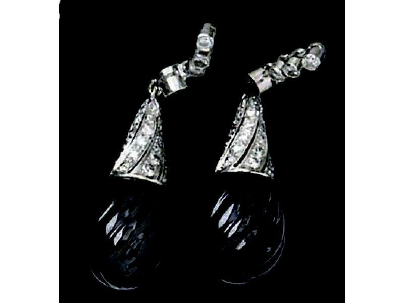 Appraisal: ONYX AND DIAMOND DROP EARRINGS A pair of k white