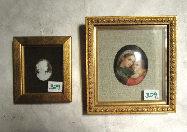 Appraisal: MINIATURE PORTRAIT ON PORCELAIN AND CAMEO the hand painted oval