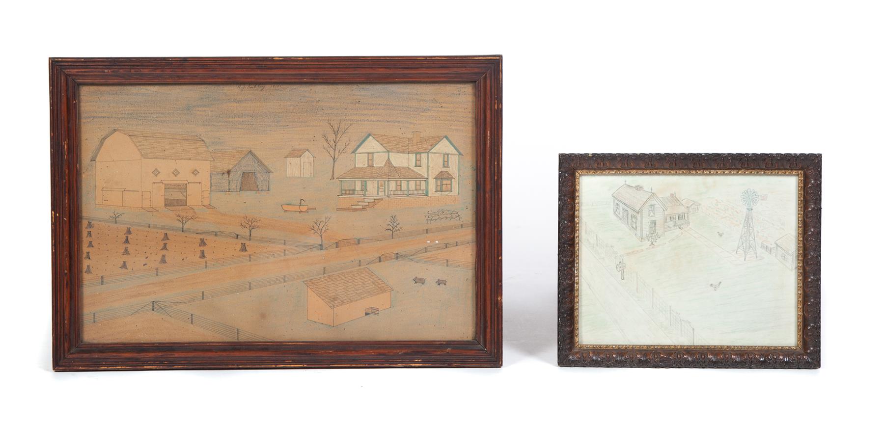 Appraisal: TWO OHIO DRAWINGS OF FARMSTEADS Hancock County mixed media Signed