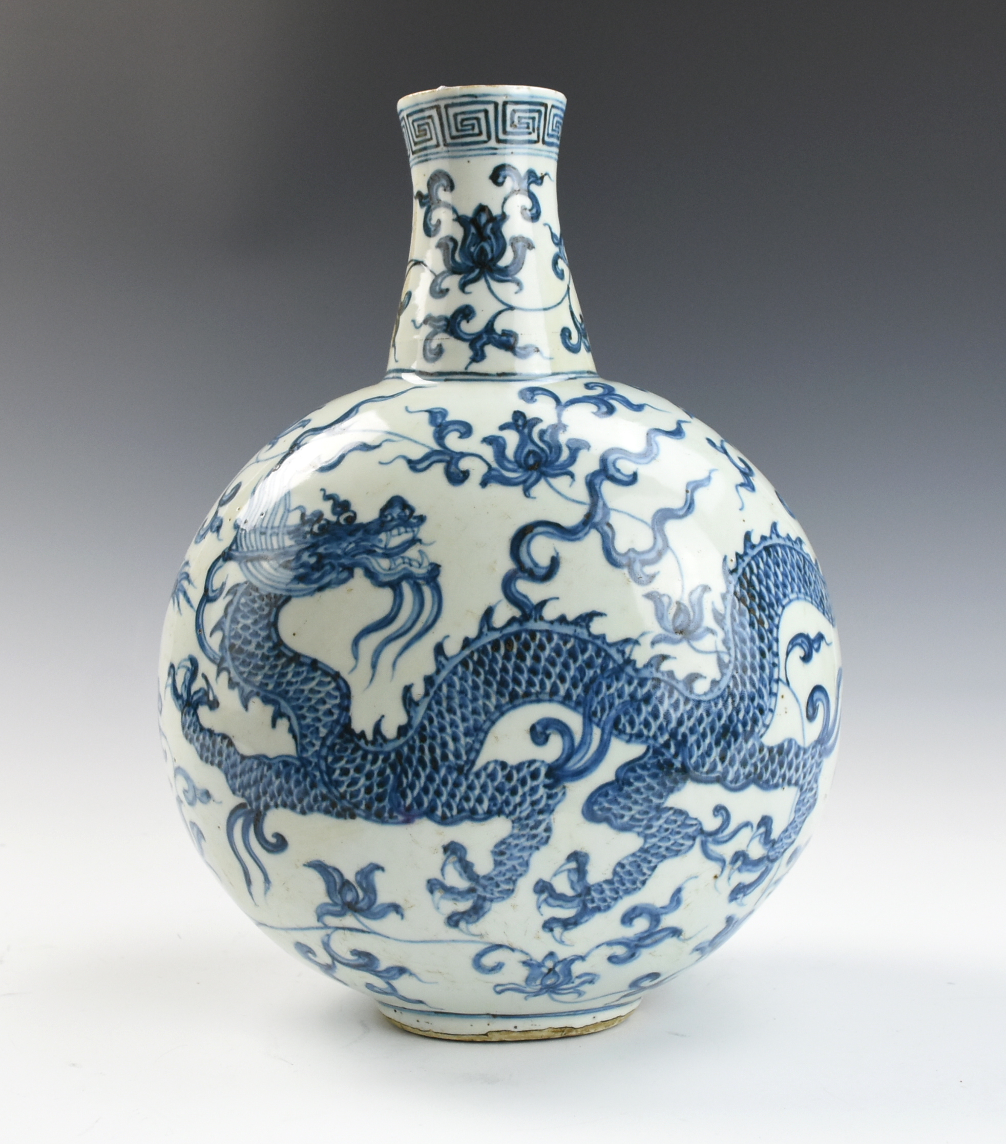 Appraisal: CHINESE BLUE WHITE DRAGON MOONFLASK VASE the globular body painted