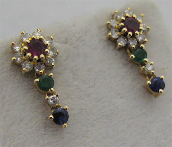 Appraisal: PAIR OF RUBY EMERALD AND SAPPHIRE EARRINGS each K yellow