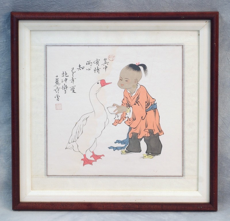 Appraisal: Japanese watercolor Young Girl Feeding a Goose signed square