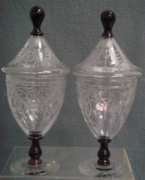 Appraisal: Pr etched crystal covered footed urns amethyst stems and finials