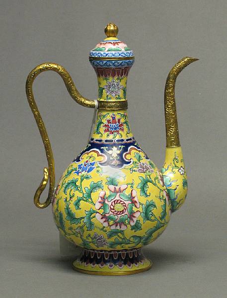 Appraisal: A Canton enameled metal ewer with gilt decoration Painted in