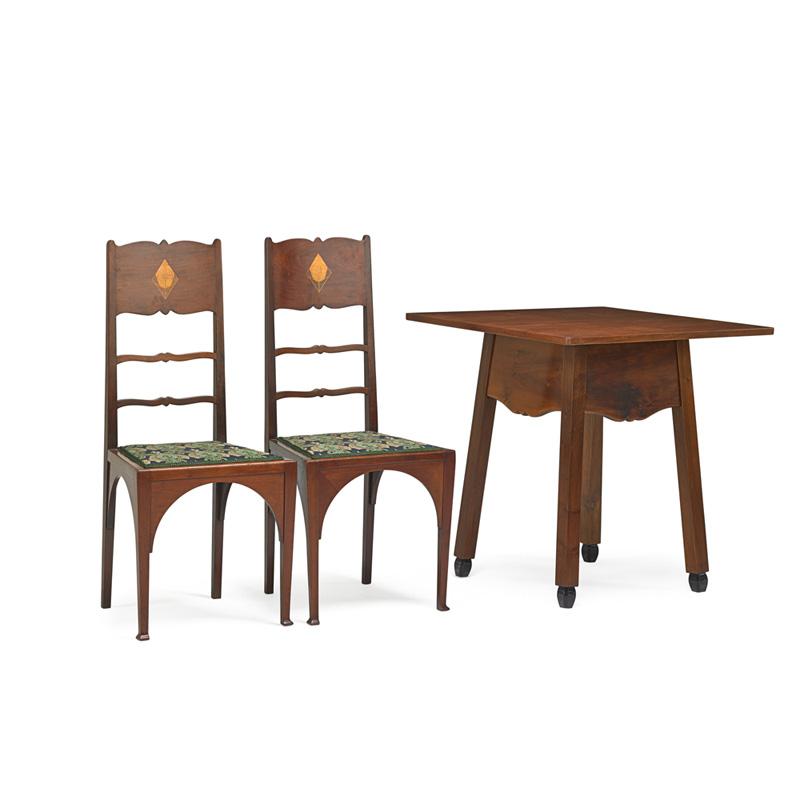 Appraisal: EUROPEAN ARTS CRAFTS Two chairs and table Condition Report Chairs