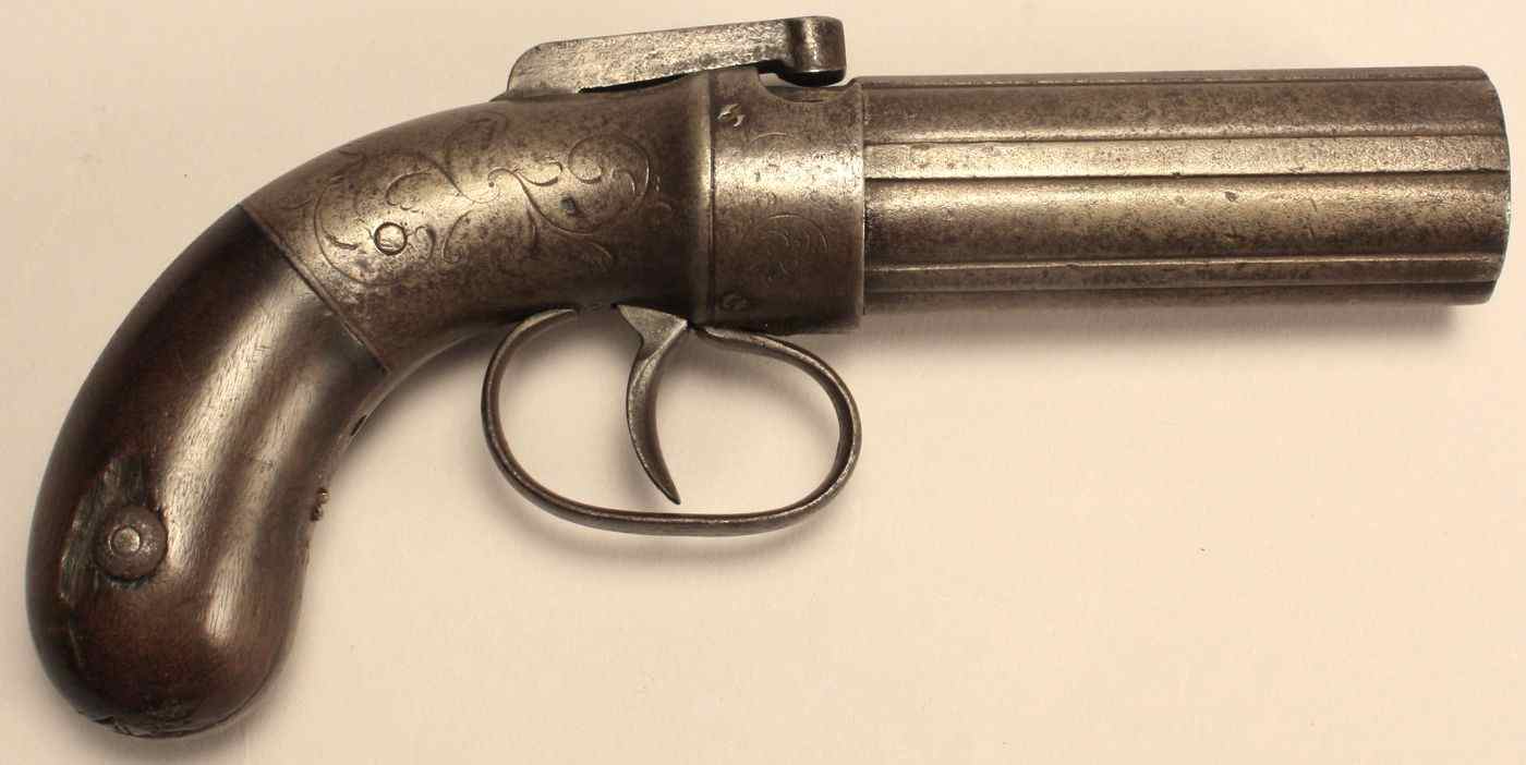 Appraisal: ALLEN WHEELOCK PEPPERBOX PISTOL cal Engraved floral scrolling to receiver