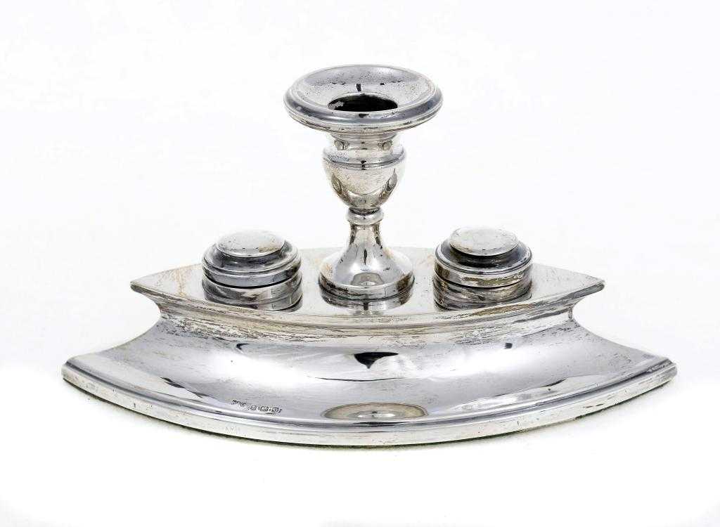 Appraisal: A GEORGE V DOUBLE INKWELL of navette shape the two