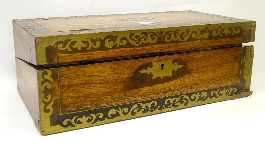 Appraisal: th century rosewood and brass inlaid writing slope opening to