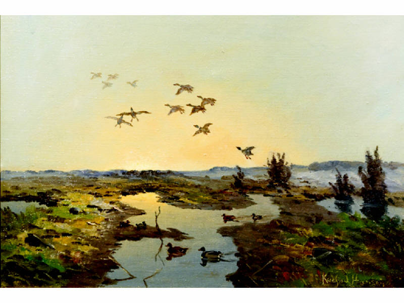 Appraisal: KOEFOD HANSEN DANISH - Ducks in flight oil on canvas