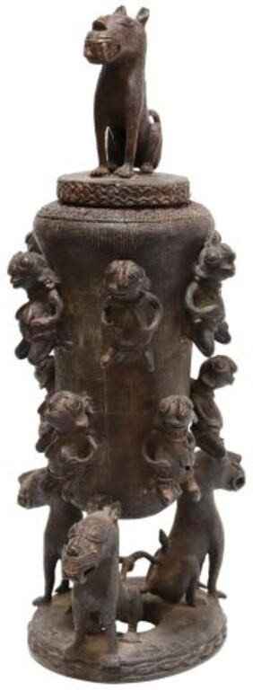 Appraisal: African tribal bronze lidded vessel lid with wild cat top