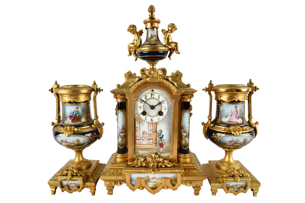 Appraisal: FRENCH THREE PIECE CLOCK SETcomprising mantel clock and two cobalt