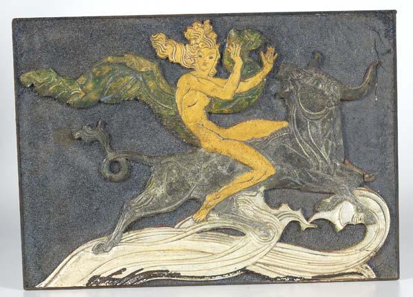 Appraisal: ART DECO PLAQUE Untitled Europa Riding a Bull Oil and