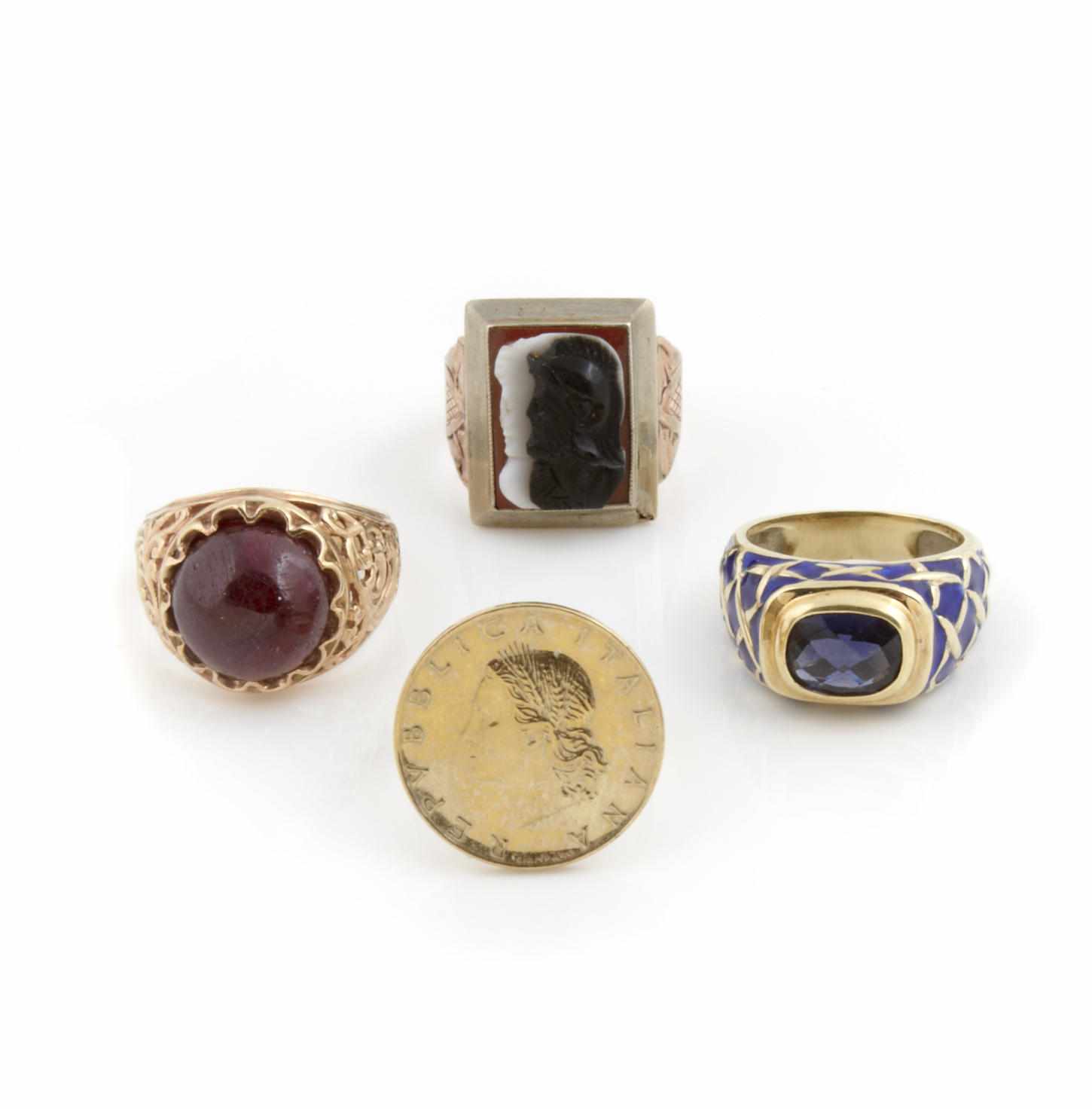 Appraisal: A collection of gem-set diamond enamel paste and gold rings