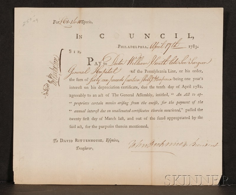 Appraisal: Dickenson John - Signer from Pennsylvania Signed document April one