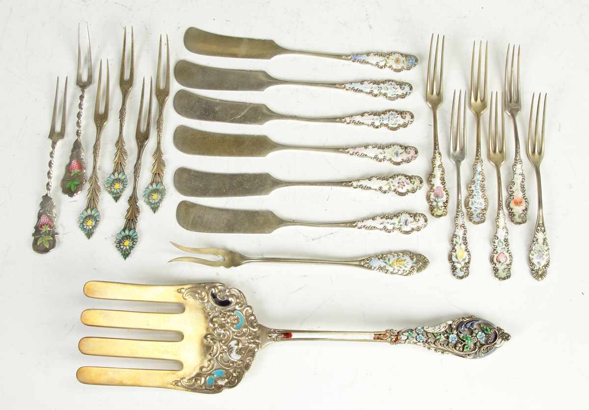 Appraisal: Sterling Enameled Flatware ozt Asparagus fork '' butter knives monogrammed