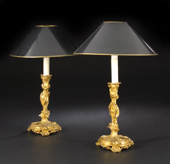 Appraisal: Fine Pair of French Gilt-Lacquered Brass Candlesticks in the Louis