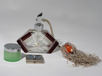 Appraisal: A Czechoslovakian enamelled glass perfume atomiser faceted form an enamelled