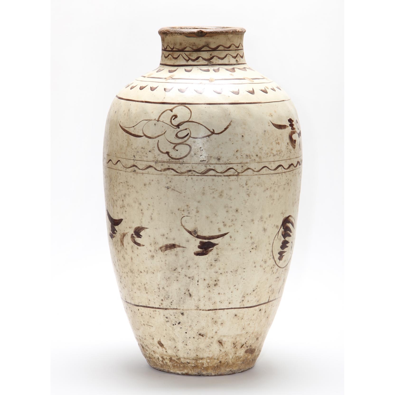 Appraisal: Chinese Cizhou Wine Jar Cizhou Tz'u-chou stoneware with transparent glaze