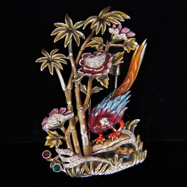 Appraisal: DuJay Unsigned Enamel Rhinestone Scenic Figural Bird of Paradise Fur