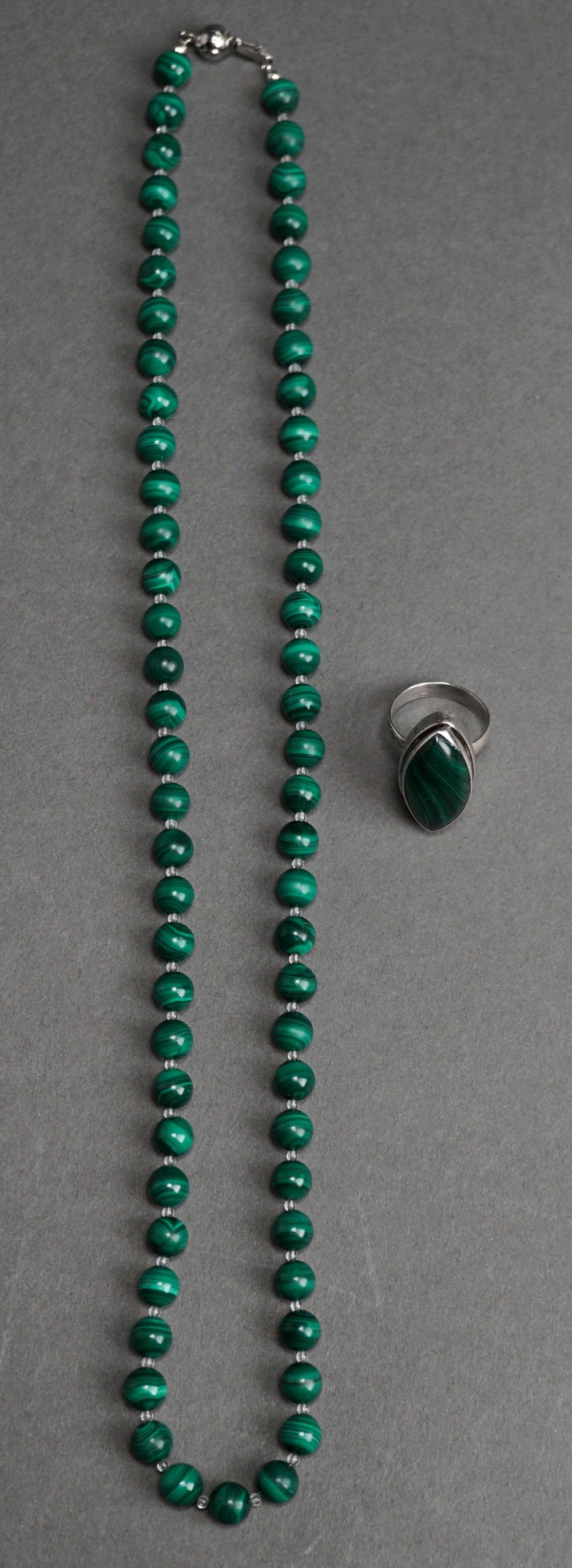 Appraisal: Malachite Beaded Necklace with a Sterling Silver Ring Beads measuring