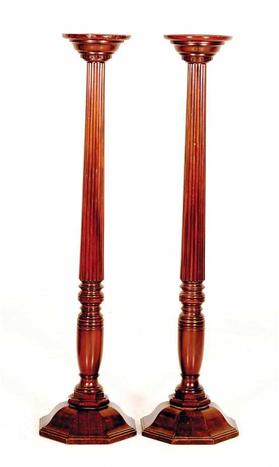 Appraisal: Pair turned mahogany pedestals circular dished top above turned and