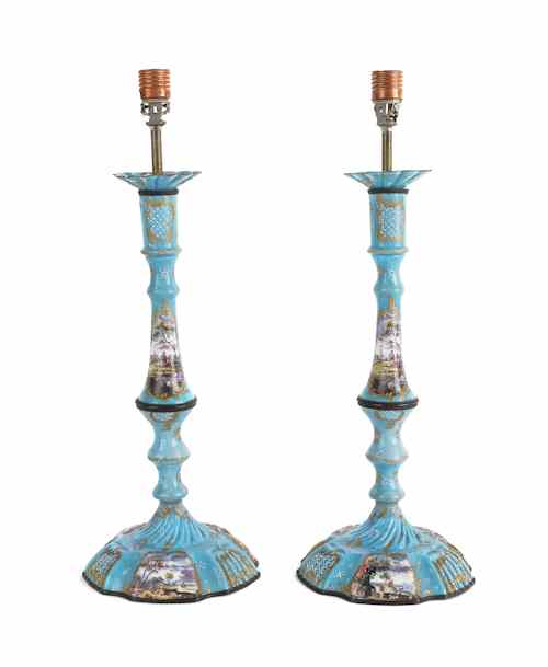 Appraisal: Pair of turquoise enameled candlesticks early th c h