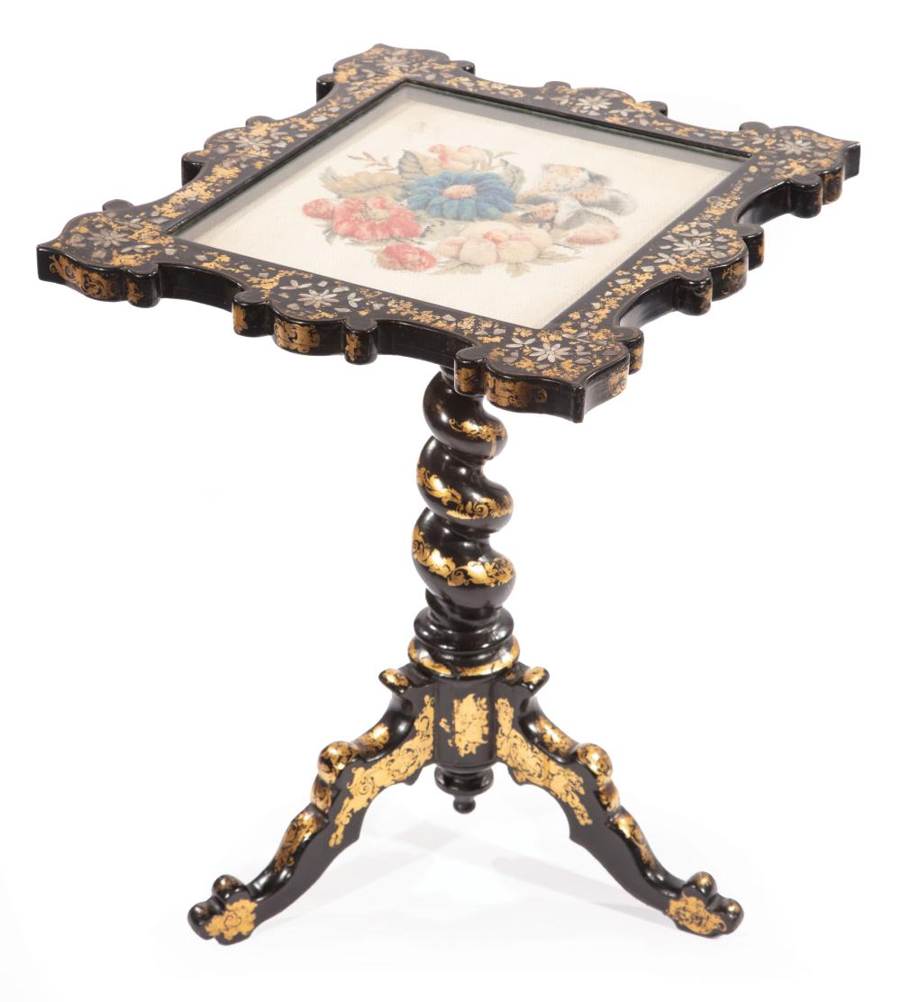 Appraisal: Pair of English Gilt Inlaid Mother-of-Pearl Ebonized Occasional Table mid-