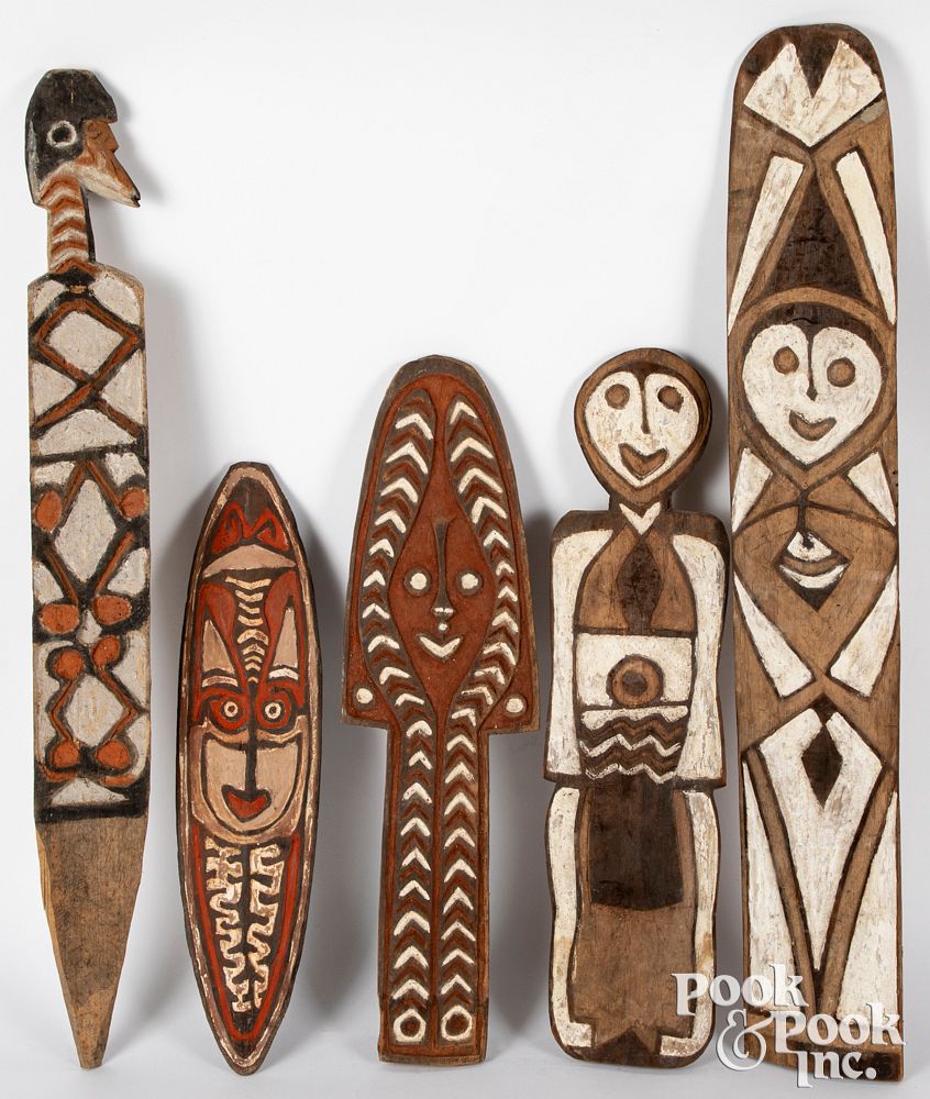 Appraisal: Papua New Guinea carved and painted Gope boards Five Papua