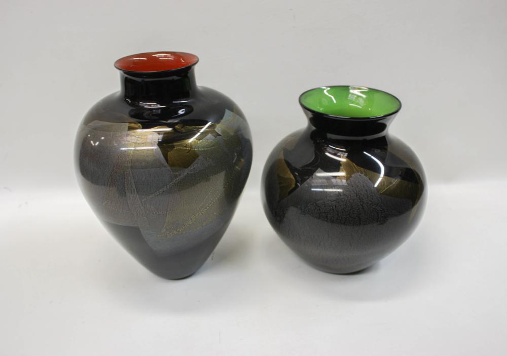 Appraisal: TWO CONTEMPORARY ART GLASS VASES with complementary exteriors having silver