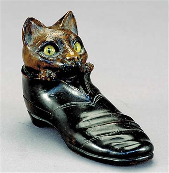 Appraisal: German carved wood Puss-in-boots inkstand dated cat form hinged lid