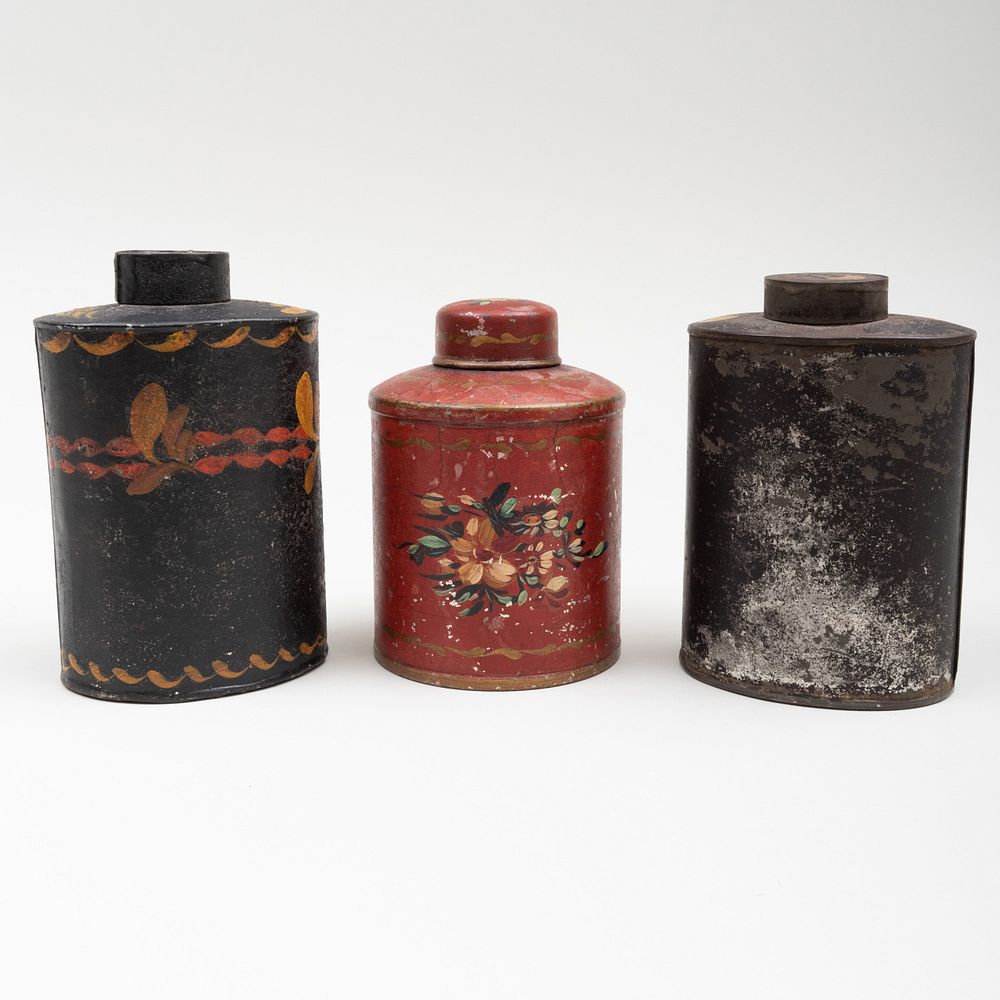 Appraisal: Three American Painted Tin Tea Caddies Comprising A red tea