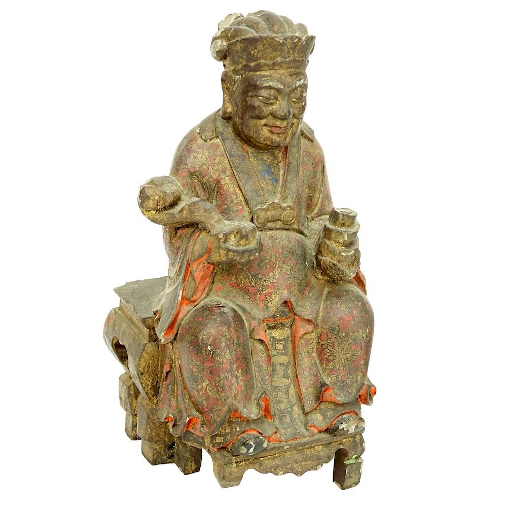 Appraisal: Chinese Polychrome Carved Wood Seated Immortal Large Chinese Polychrome Carved