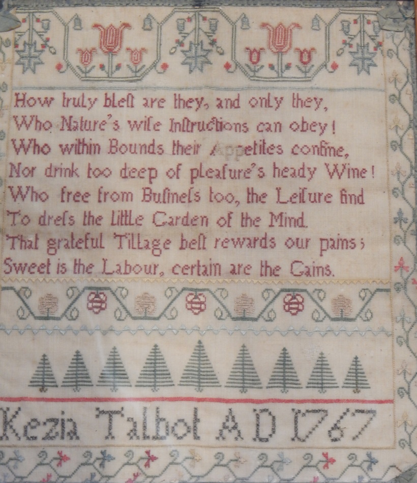 Appraisal: An thC embroidered sampler signed Kezia Talbot and dated decorated