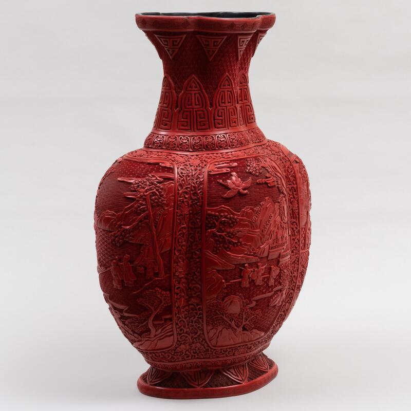 Appraisal: Chinese Lobed Cinnabar Style Vase Unmarked x x in Condition