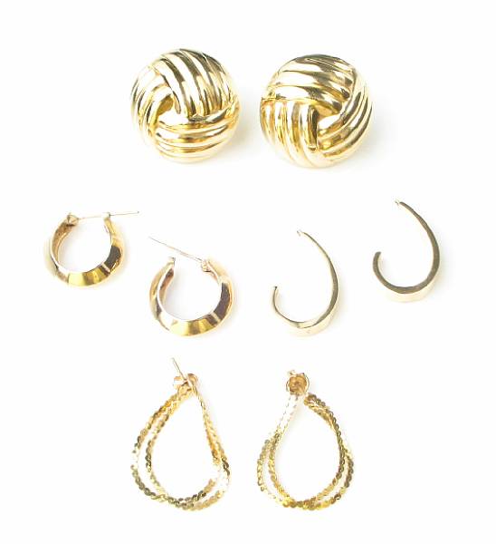 Appraisal: A collection of four pair of gold earrings and one