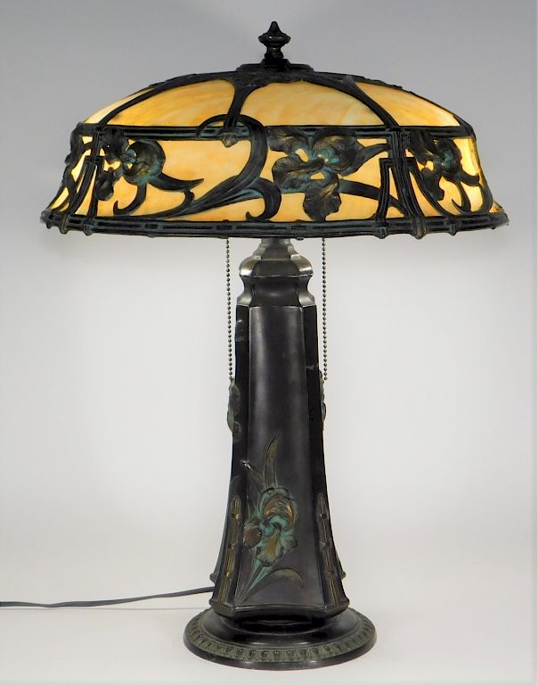 Appraisal: C American Art Nouveau Iris Slag Glass Lamp United States