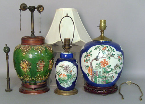 Appraisal: Two Chinese porcelain table lamps together with a pottery lamp