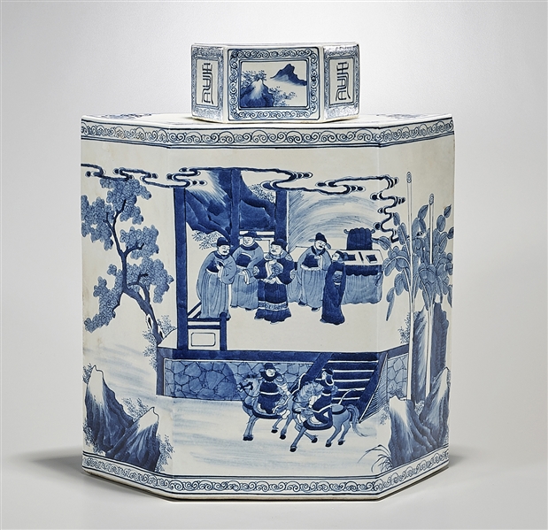 Appraisal: Chinese blue and white porcelain covered vase exaggerated slant diamond