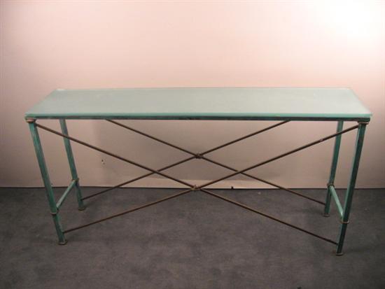 Appraisal: Metal Table with green patina brass support elements and frosted