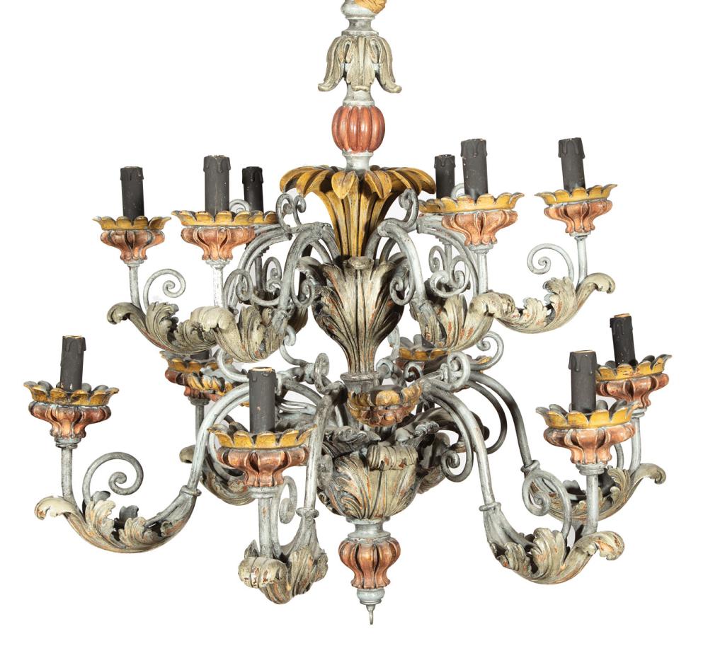 Appraisal: Continental Carved and Polychromed Wood and Iron Twelve-Light Chandelier h